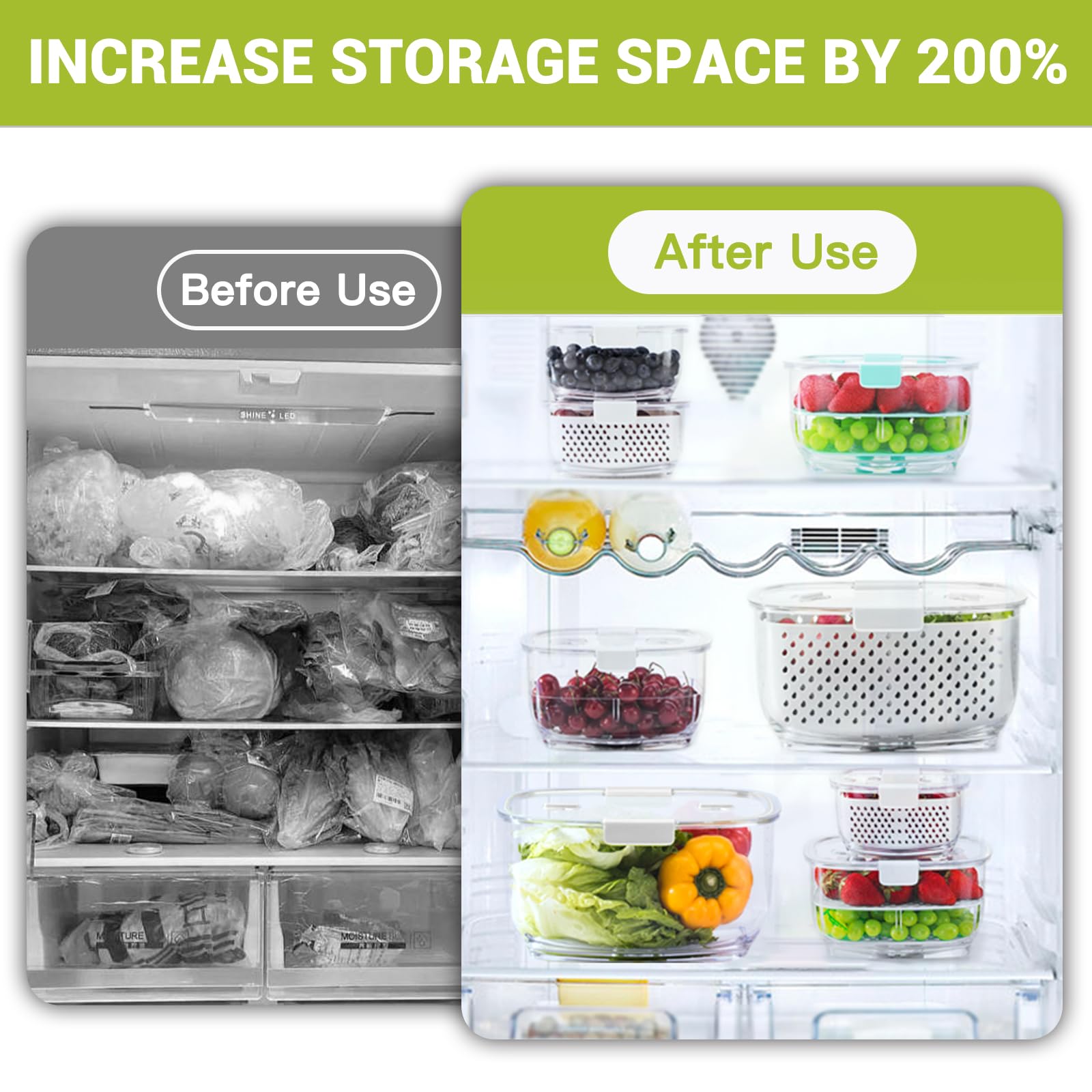 Luxear Fresh Produce Vegetable Fruit Storage Containers 3Piece Set, Bpa-Free, Partitioned Salad Container, Fridge Organizers, Us